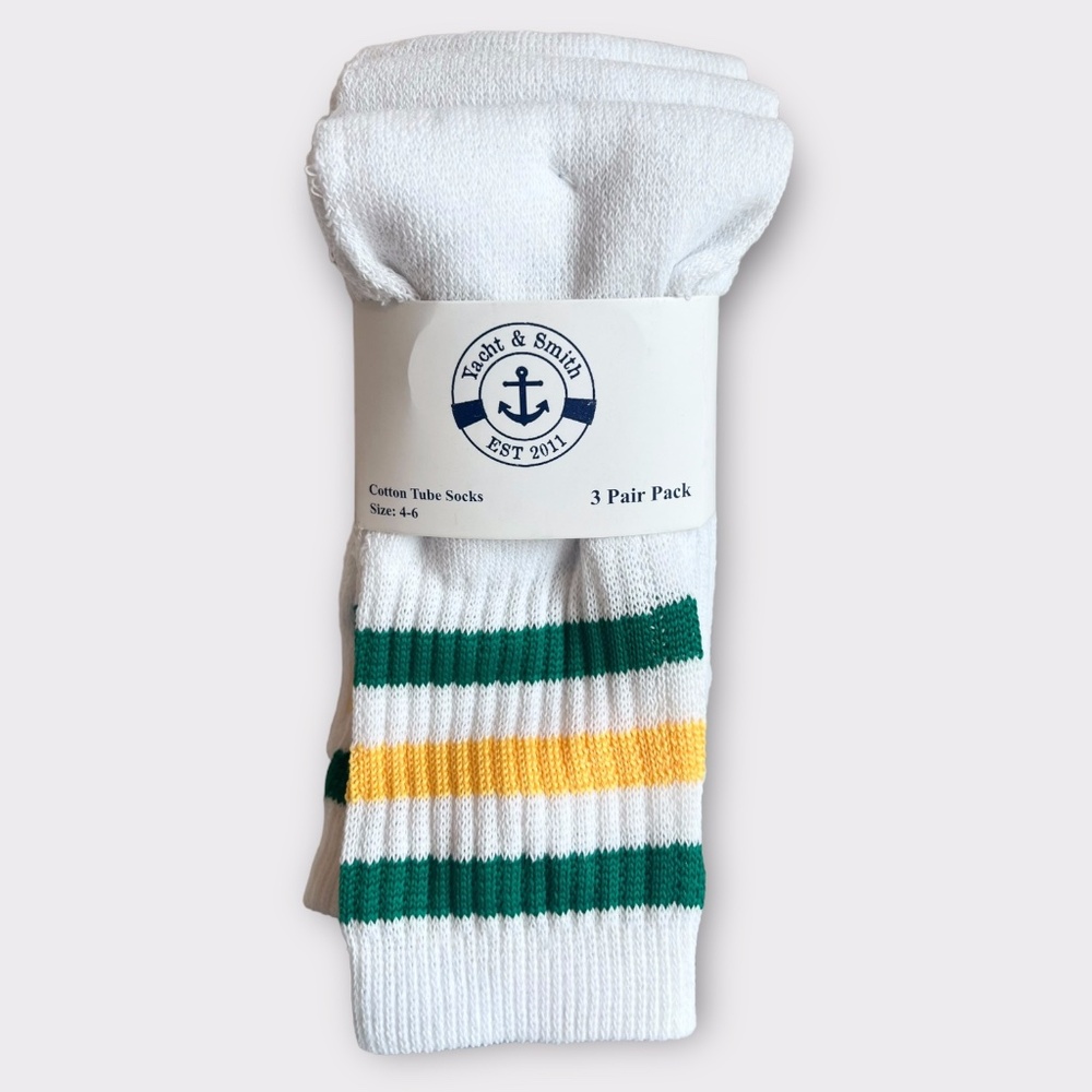 NWT Yacht & Smith 3 Pairs of Over the Calf Tube Socks Green White Yellow Stripes